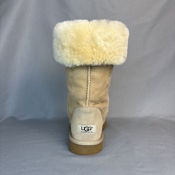 Womens UGG Boots Sz 7 Classic Tall Sand Sheepskin Suede Wool Boho Festival $220 - Picture 14 of 15
